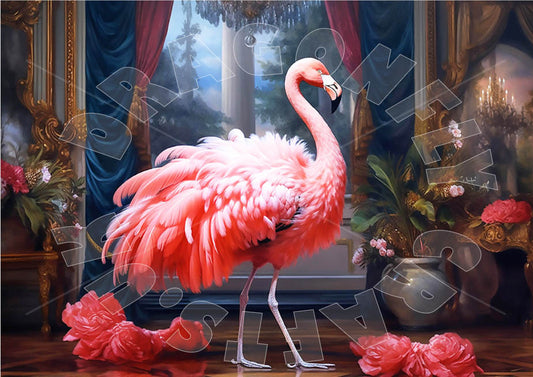 A decoupage paper craft in the shape of a flamboyant flamingo with a pink body and white and pink feathers, positioned in a room with a decorative background.
