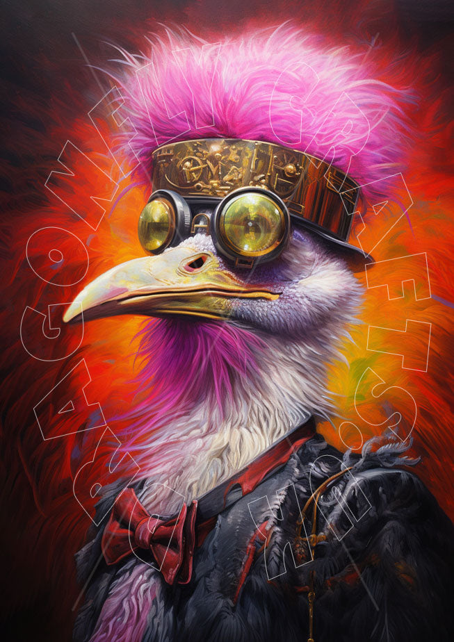 Artistic representation of an ostrich with a decorative, colorful headdress and accessories, resembling a decoupage piece.