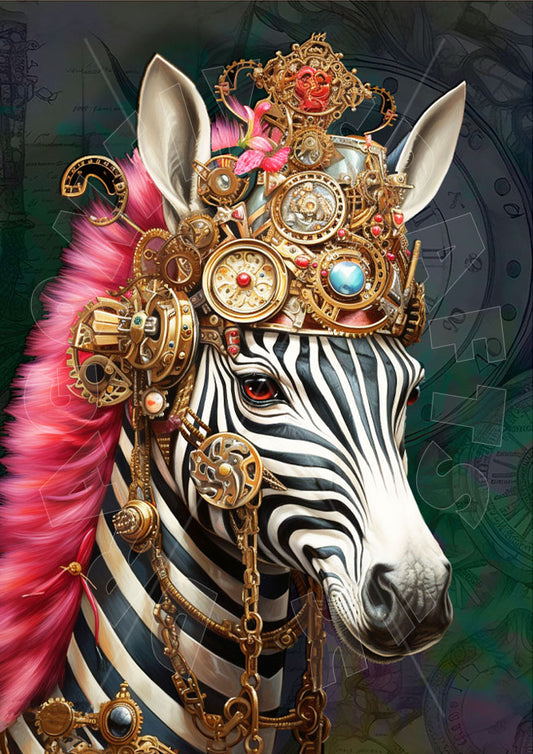A decorative paper craft in the shape of a zebra with a flamboyant and artistic design, featuring gold, red, and black colors, adorned with intricate decors and a crown on its head.