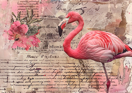 A piece of Flamingo Collage decoupage paper featuring a pink flamingo with a floral pattern and vintage text background.