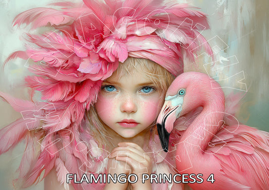 A digital artwork of a person with a flamingo-themed headdress, predominantly pink, with decorative elements.