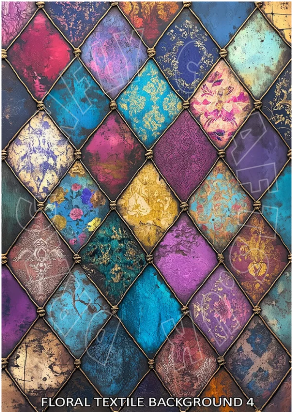 A colorful floral textile background pattern featuring a diamond lattice design with vintage damask and floral prints in shades of blue, purple, pink, gold, and brown.