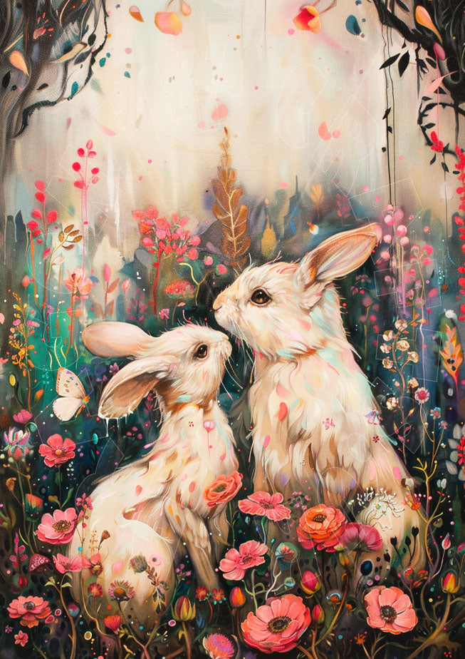 A colorful artistic decoupage paper craft featuring two bunnies among floral elements.