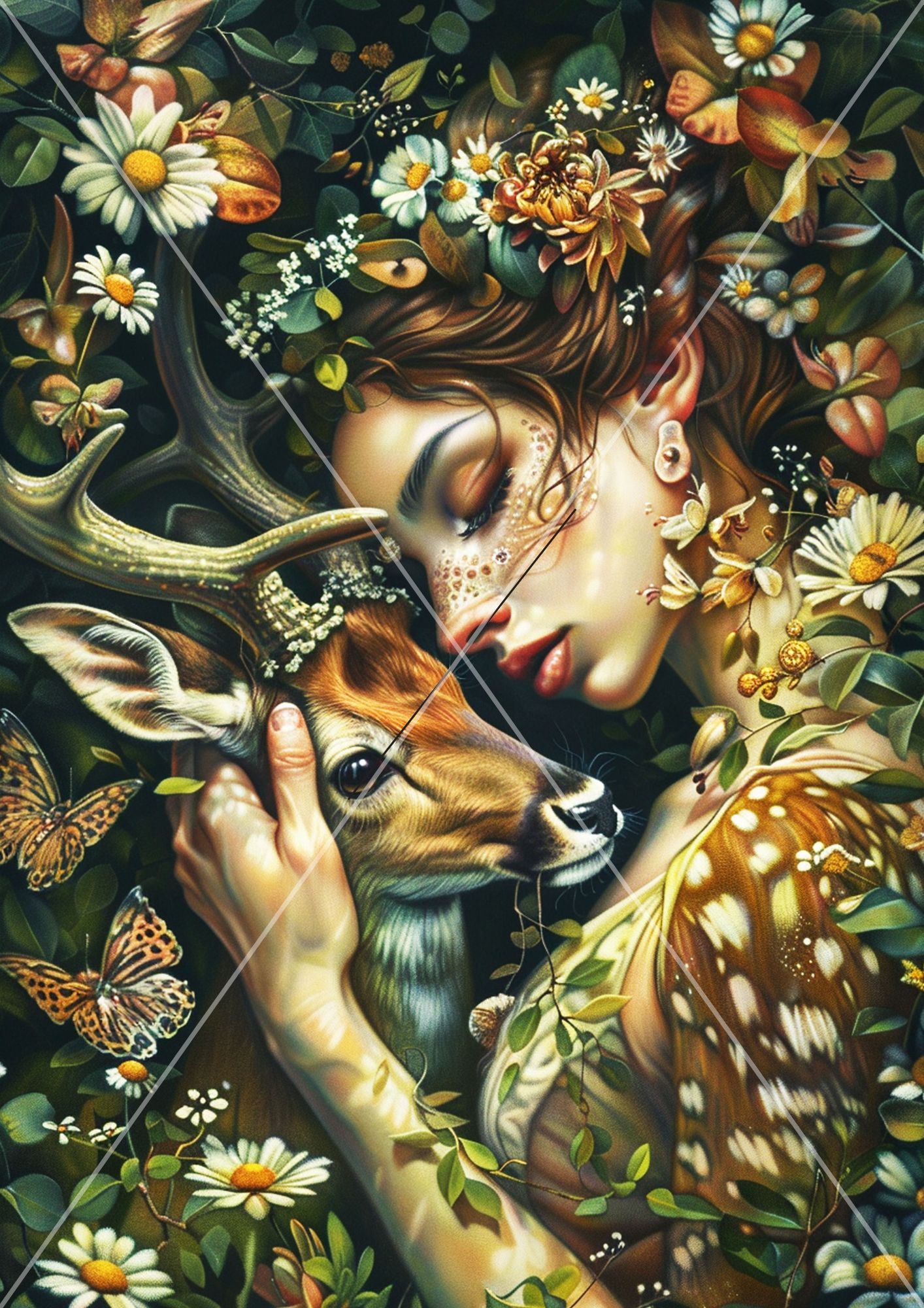 Decoupage paper craft depicting a scene with a woman and a deer surrounded by floral elements and butterflies.