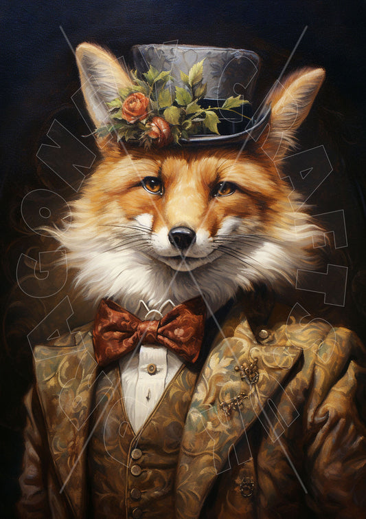 A decorative paper craft in the shape of a fox wearing a top hat and a bow tie, with a floral wreath around its neck.