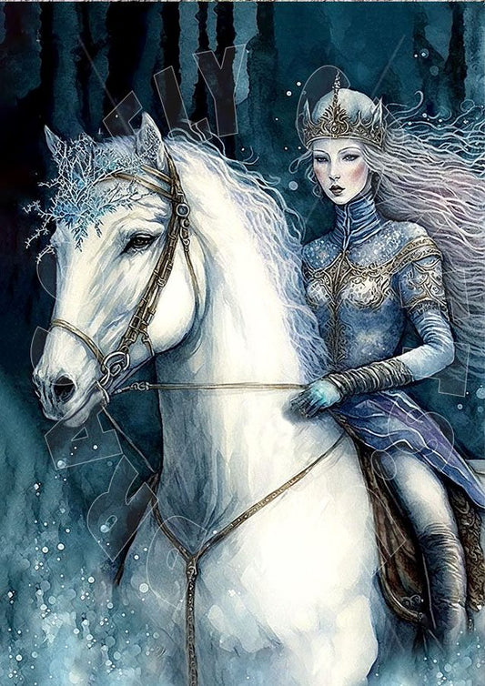 Artistic representation of a character resembling a queen, mounted on a white horse, with a frost-themed design, predominantly in white and blue tones.