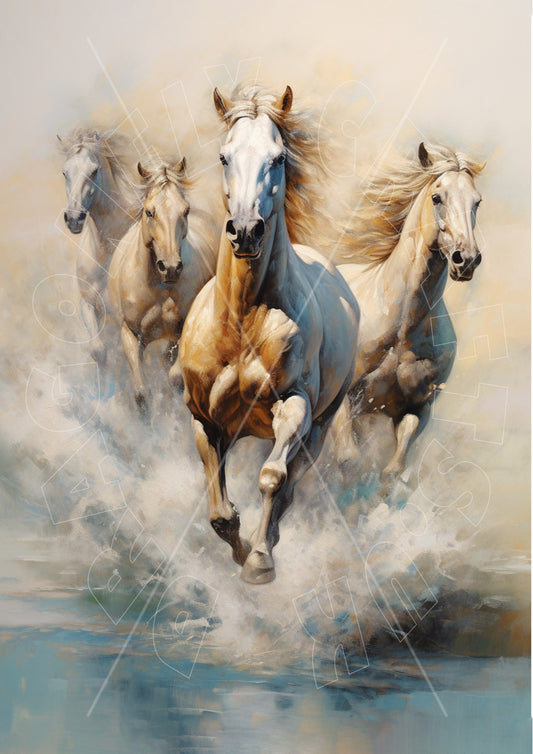 A decoupage paper craft depicting a group of galloping horses in a dynamic motion blur style.