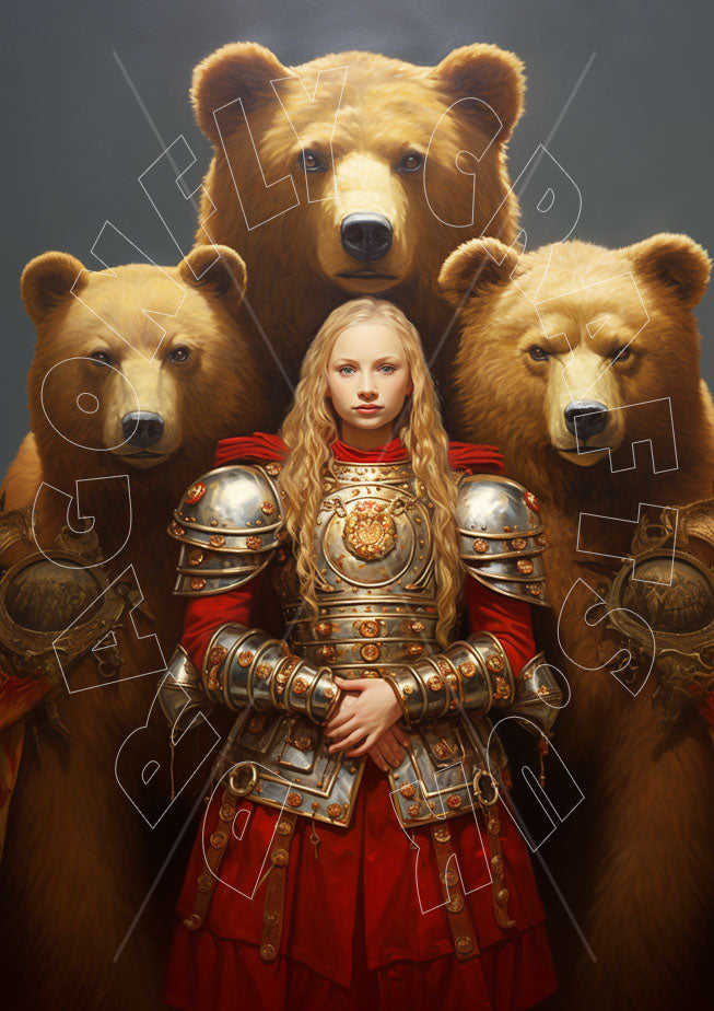 A stylized image featuring a person in a costume with bear heads in the background, resembling a creative or craft promotional material.