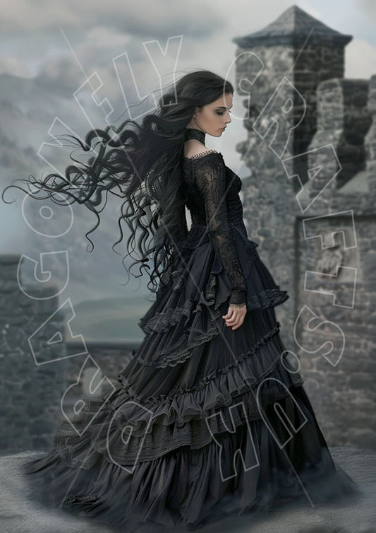 A digital illustration of a woman in a black gothic-style dress with long, flowing hair, standing in front of a castle-like background.