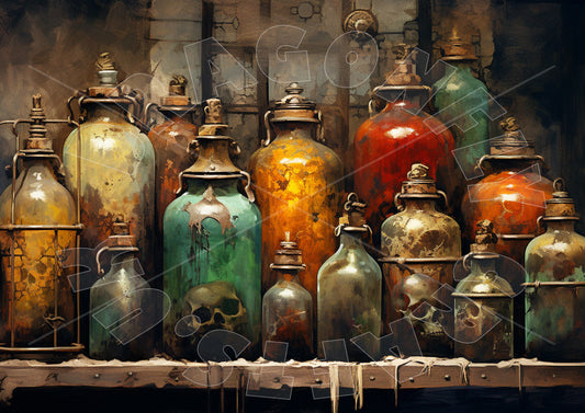 A collection of grungy decoupage paper crafted in the shape of potions bottles, featuring various colors and designs.