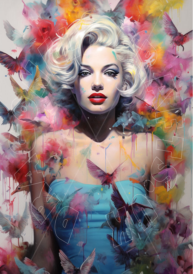 Artistic representation of a woman with a colorful abstract background featuring butterflies.