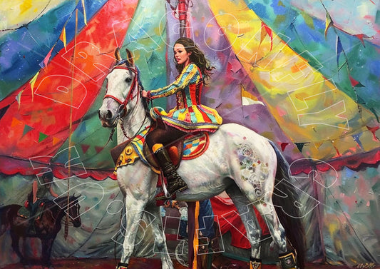Artistic decoupage paper craft featuring a colorful image of a woman riding a white horse in a carousel, with a vibrant background of a carousel and decorative banners.
