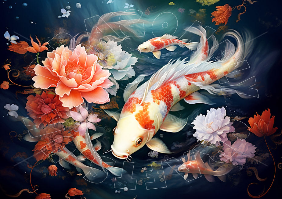 A colorful decoupage paper craft depicting a koi fish and floral elements in a pond.