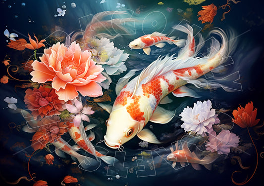 A colorful decoupage paper craft depicting a koi fish and floral elements in a pond.