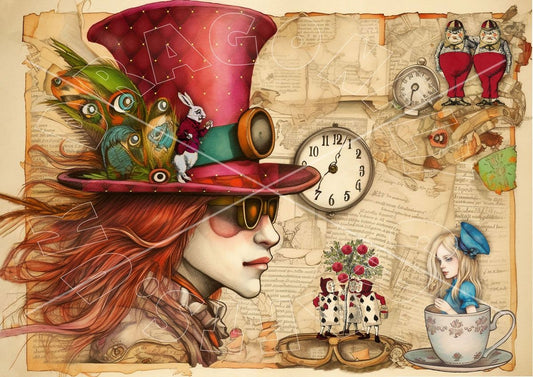 A colorful illustration of a whimsical tea party scene with a variety of characters, including a woman with a large hat and a bird perched on it, a clock, and several other whimsical figures engaged in tea time activities.