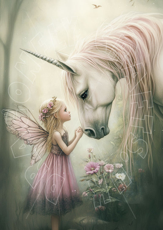 A decoupage paper craft featuring a unicorn and a fairy with pink hair, surrounded by a forest and floral elements.