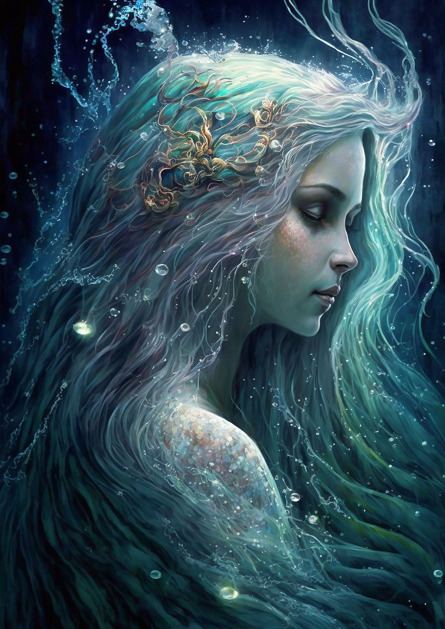 A printable A3 size artistic decoupage paper craft depicting a mermaid with long hair and a serene underwater background.