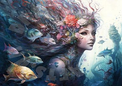 A decoupage paper craft featuring a mermaid with flowing hair and surrounding underwater life, including fish and plants.