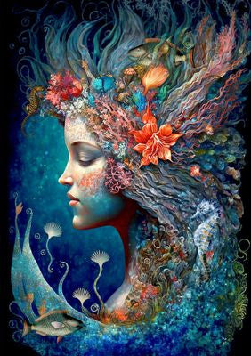 A decorative paper craft featuring a mermaid queen with a detailed, colorful backdrop resembling an underwater scene with various sea creatures.
