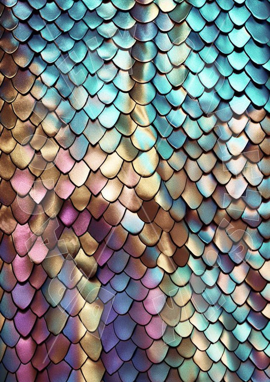 A close-up image of decoupage rice paper with a pattern resembling a mermaid tail, featuring colors such as blue, gold, and silver.