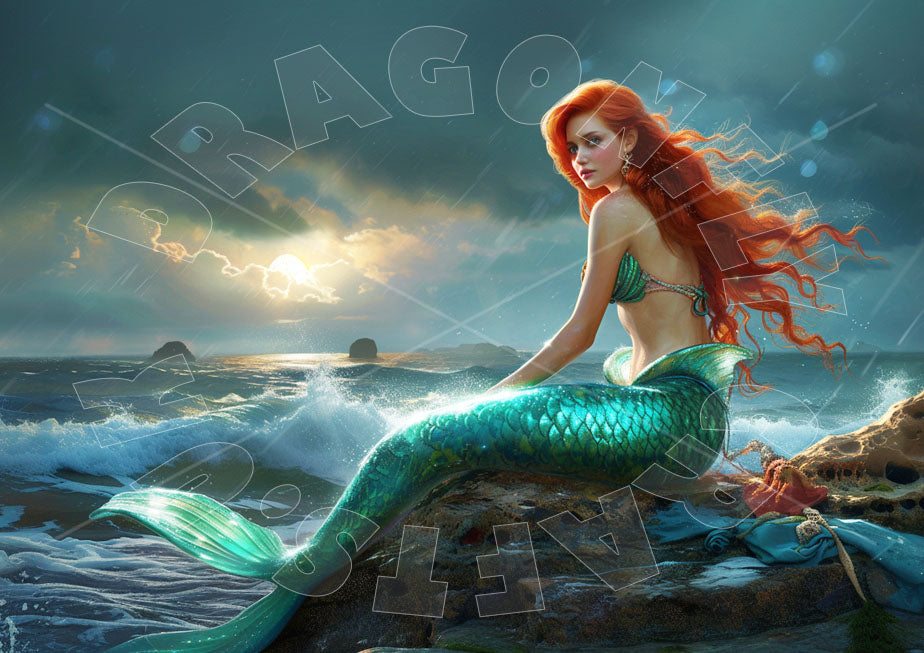 A decoupage paper featuring an illustrated mermaid with red hair and a green tail sitting on a rock by the sea.