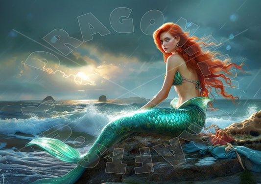A decoupage paper featuring an illustrated mermaid with red hair and a green tail sitting on a rock by the sea.
