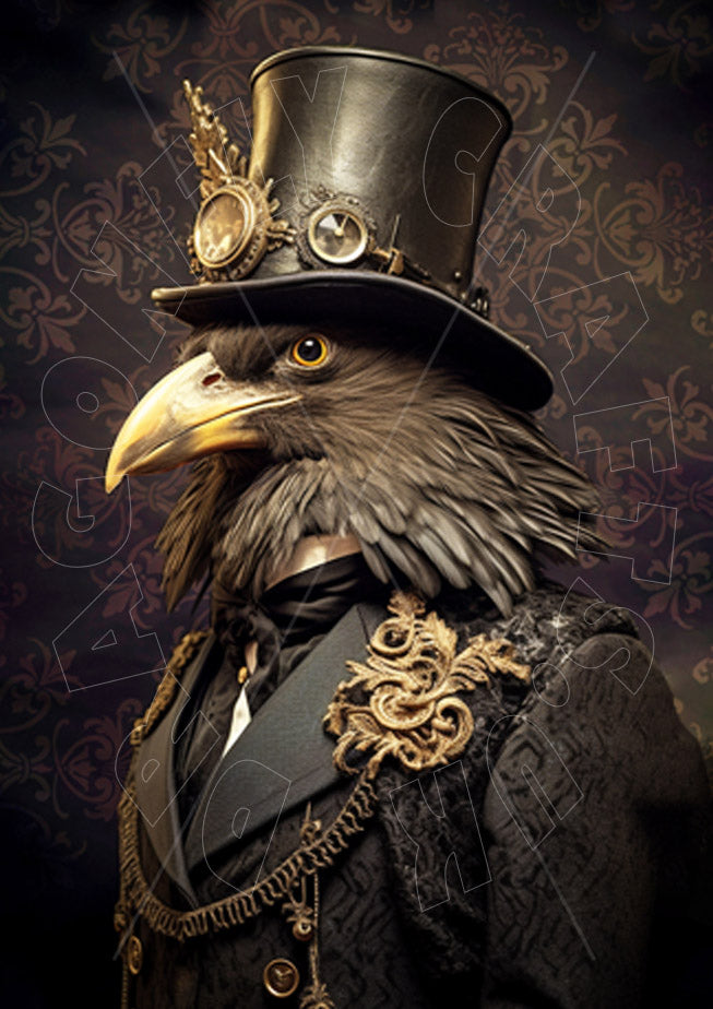 A digital artwork of a crow dressed in a steampunk outfit, featuring a top hat and embellished jacket.