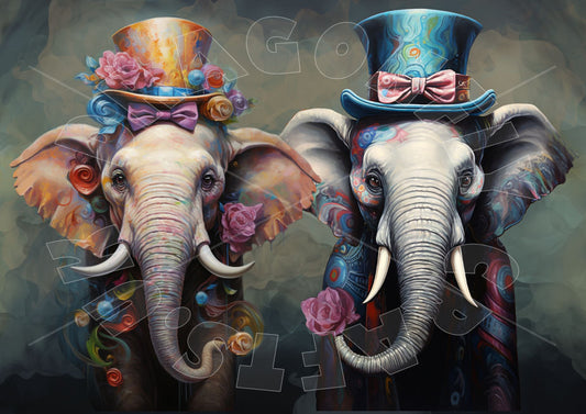 A set of two artistic decoupage elephant paper crafts, with one depicted as a male with a pink flower on his hat and a blue bow tie, and the other as a female with a pink flower on her hat and a pink bow.