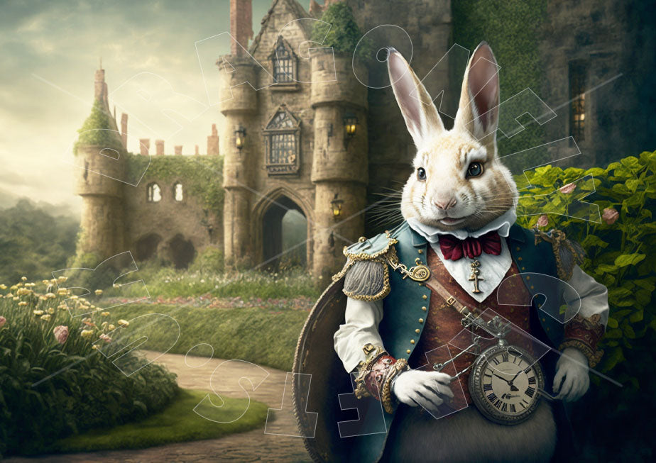 A decoupage paper craft depicting a fantasy rabbit character in a castle setting.