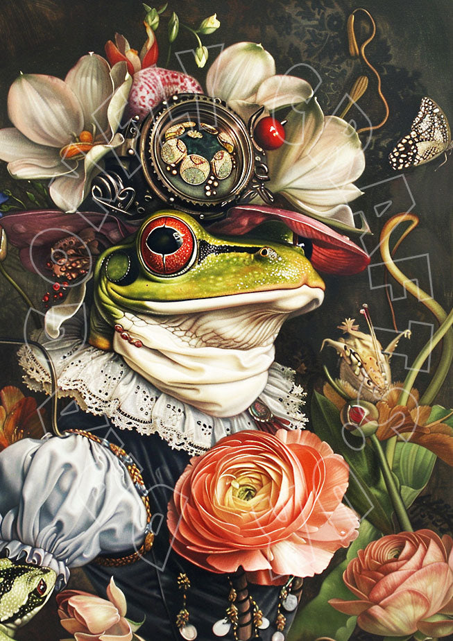 A decorative paper craft featuring a frog with a floral headdress and a butterfly on its back, surrounded by various flowers and a clock.