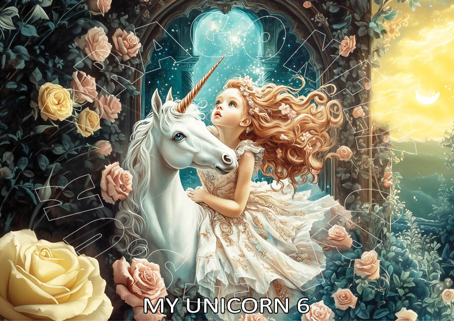 A decoupage print featuring a woman sitting on a unicorn with a garden and a magical backdrop.
