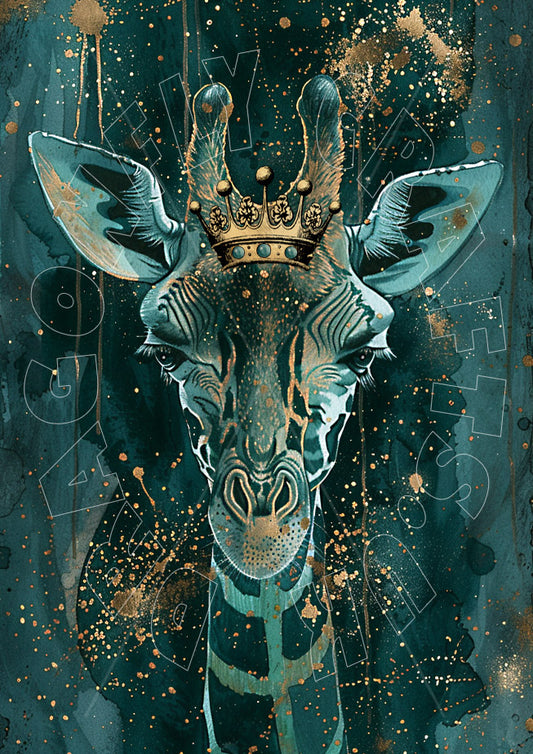 Artistic decoupage paper featuring a detailed and colorful illustration of a giraffe with mystical elements, such as a crown and geometric patterns in the background.