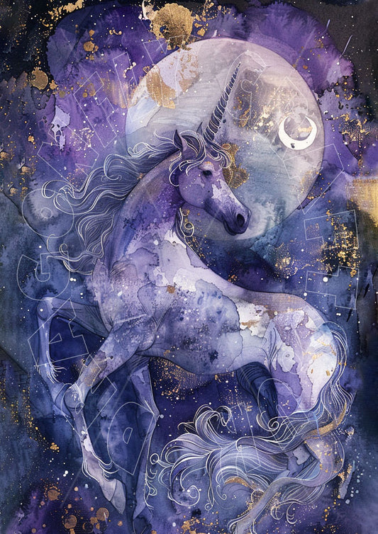 A purple and gold colored decoupage paper craft in the shape of a unicorn, with a moon and stars background.