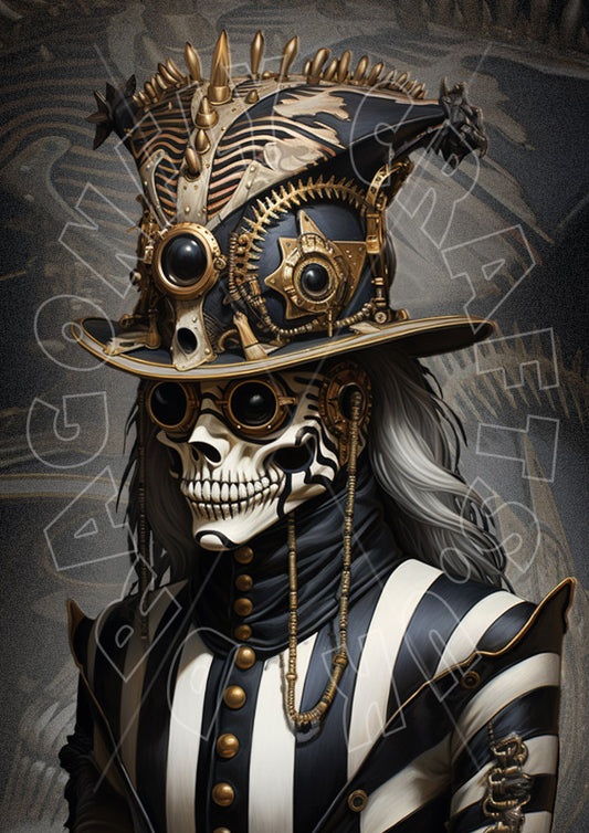 A decorative art piece depicting a skull figure dressed in a striped black and white suit with a hat adorned with gears and other Steampunk-inspired elements.