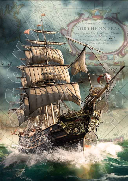 A decoupage paper featuring a printed design of a ship on rice paper, with decorative elements around the borders.