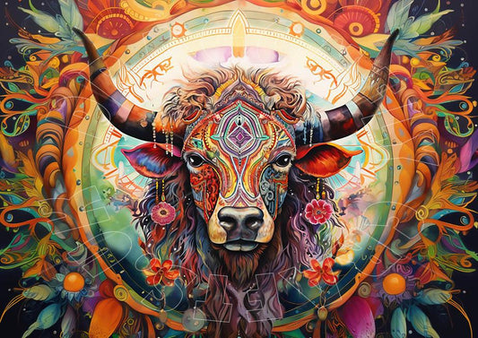 A colorful artistic decoupage paper craft depicting a painted bull with elaborate horns and a vibrant background.