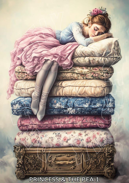 decoupage paper featuring a fairy-tale like scene with a character lying on a stack of cushions with floral patterns, titled 'Princess & the Pea'.