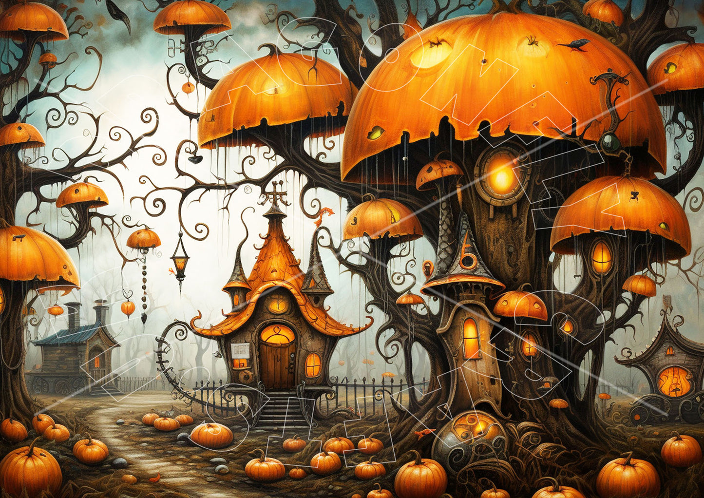A decoupage rice paper featuring a whimsical pumpkin village with houses, trees, and an imaginative autumnal scene.