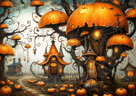 A decoupage rice paper featuring a whimsical pumpkin village with houses, trees, and an imaginative autumnal scene.