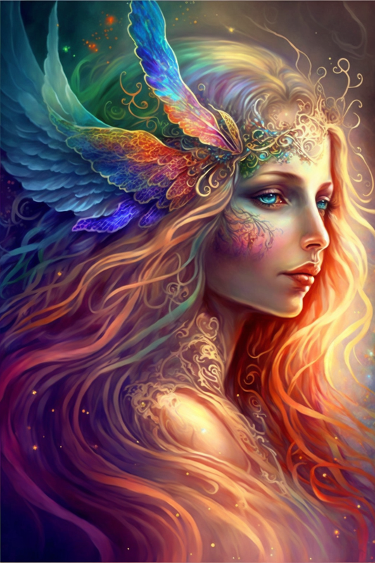 A colorful artistic decoupage paper craft depicting a fantasy character with rainbow-colored wings and a detailed, ornate headdress.