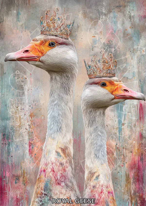Two geese wearing crowns against a textured, multicolored background with 'ROYAL GEESE' text.