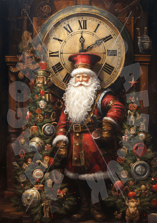 A decorative art piece featuring a character resembling Santa Claus with a clock, surrounded by various cut-out shapes and designs, likely used for crafting or as a decorative element.