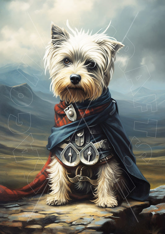 A decoupage paper craft depicting a Scottish Terrier dog wearing a kilt, sitting on a rocky surface with a misty background.