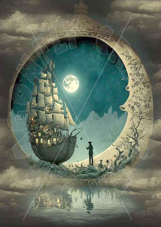 A decoupage rice paper featuring a whimsical design with a ship, moon, and figures against a night sky backdrop.
