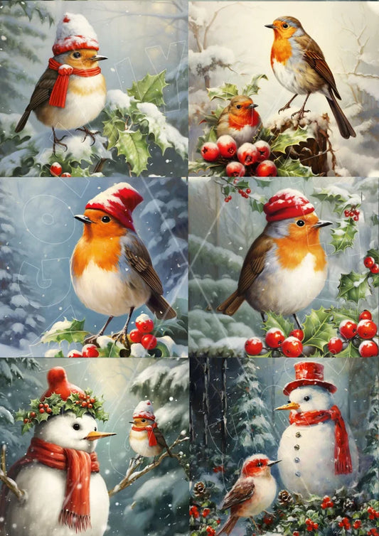 Collage of a robin bird wearing a red hat and scarf in a snowy scene with holly berries.