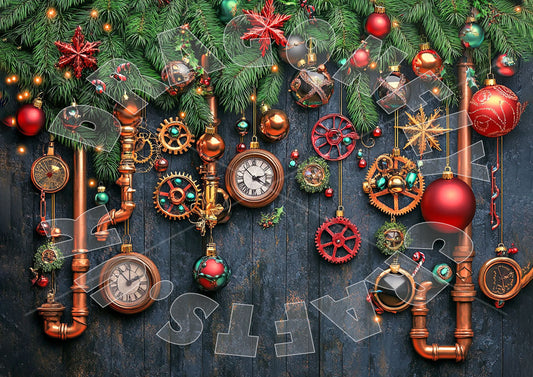 Decorative paper craft with a steampunk theme, featuring gears, clocks, and other ornamental elements, overlaid with holiday-themed decorations like stars and Christmas balls.