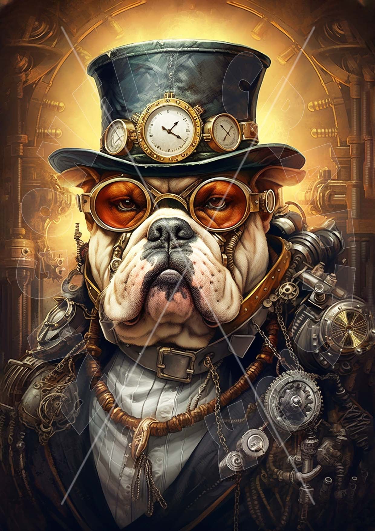 A decoupage paper craft in the style of a steampunk bully with a hat and glasses, set against an elaborate backdrop with gears and steam.