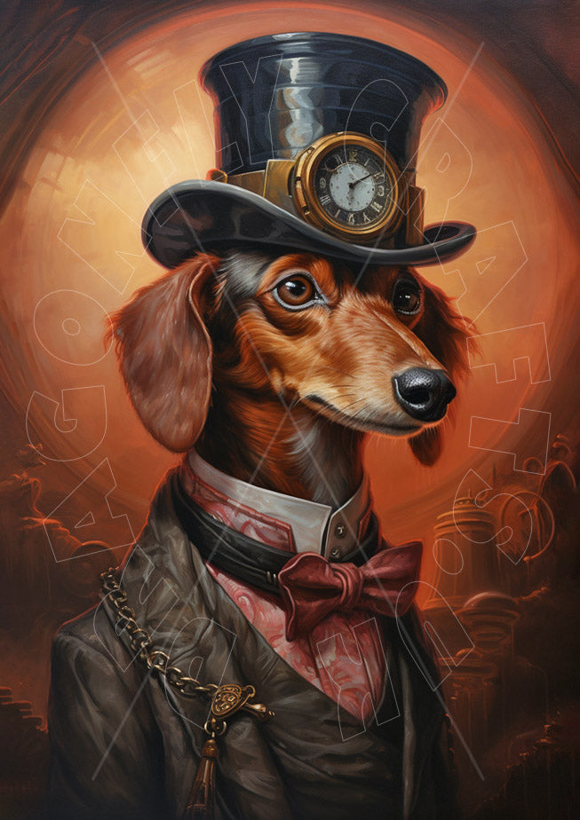 A decorative paper craft depicting a steampunk-style dachshund wearing a top hat and a bow tie, with a vintage-style background.