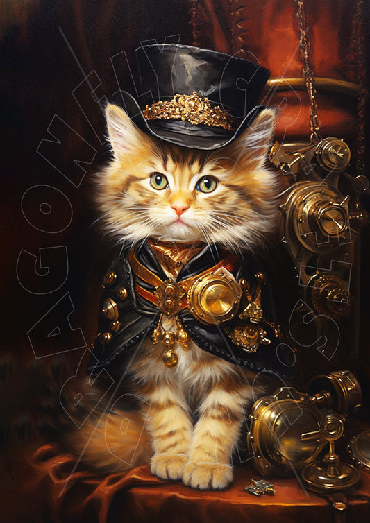 A decoupage paper with a steampunk kitten design, featuring a cat wearing a top hat and goggles, sitting on a surface with a backdrop of clocks.