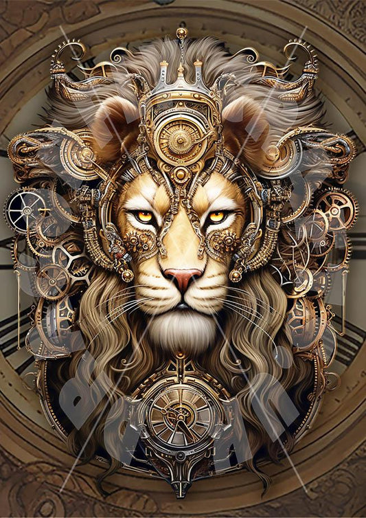 A decoupage paper with a steampunk-inspired design featuring a lion's face and body adorned with gears and vintage-style text.